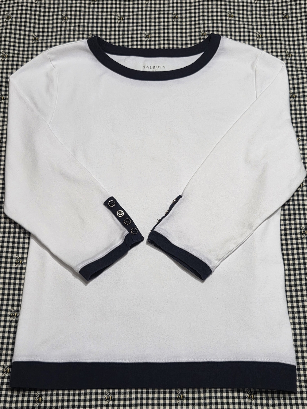 Talbots White Crewneck Sweater with Navy Trim